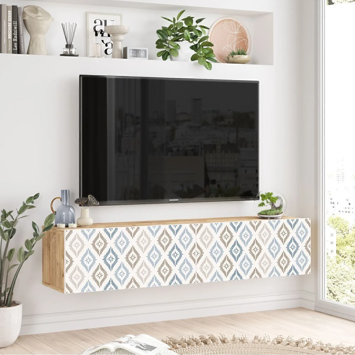 Aven Meuble TV, Meuble TV avec portes 140cm Pin-Blanc Impression UV AVE10-AWU