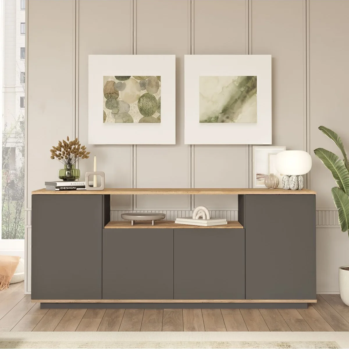 Aven Console 180cm 4 portes avec étagères Pin-Anthracite AVE15-AA