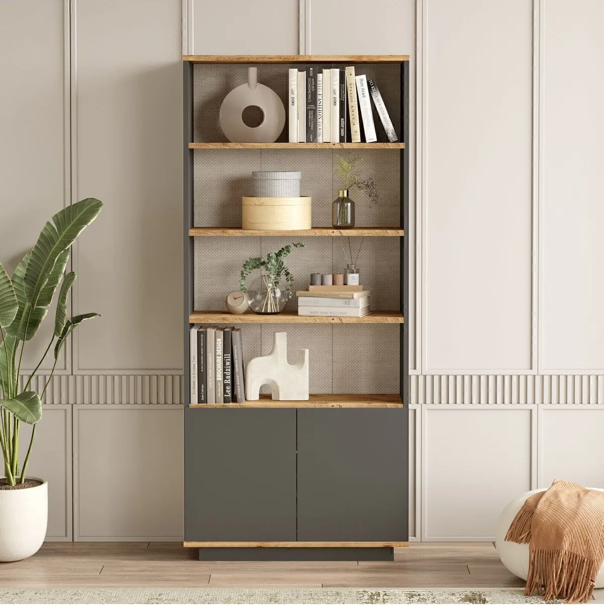 Aven Bibliothèque 168cm avec étagères et 2 portes Pin-Anthracite AVE16-AA