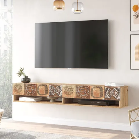 Aven Meuble TV, Meuble TV avec étagères et portes Pin-Blanc Impression UV AVE9-AWU