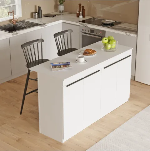 Island 160cm Îlot de cuisine, Table à manger 4 portes Blanc ISL1-W
