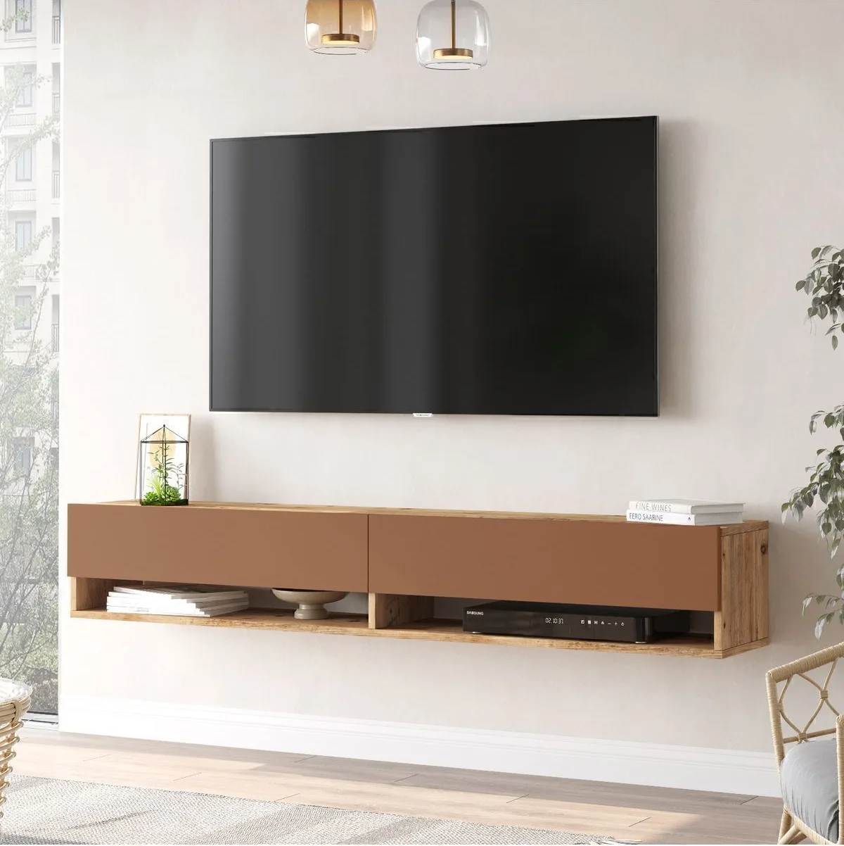 Aven Meuble TV avec étagères et portes 180cm Pin-Tuile AVE9-AK
