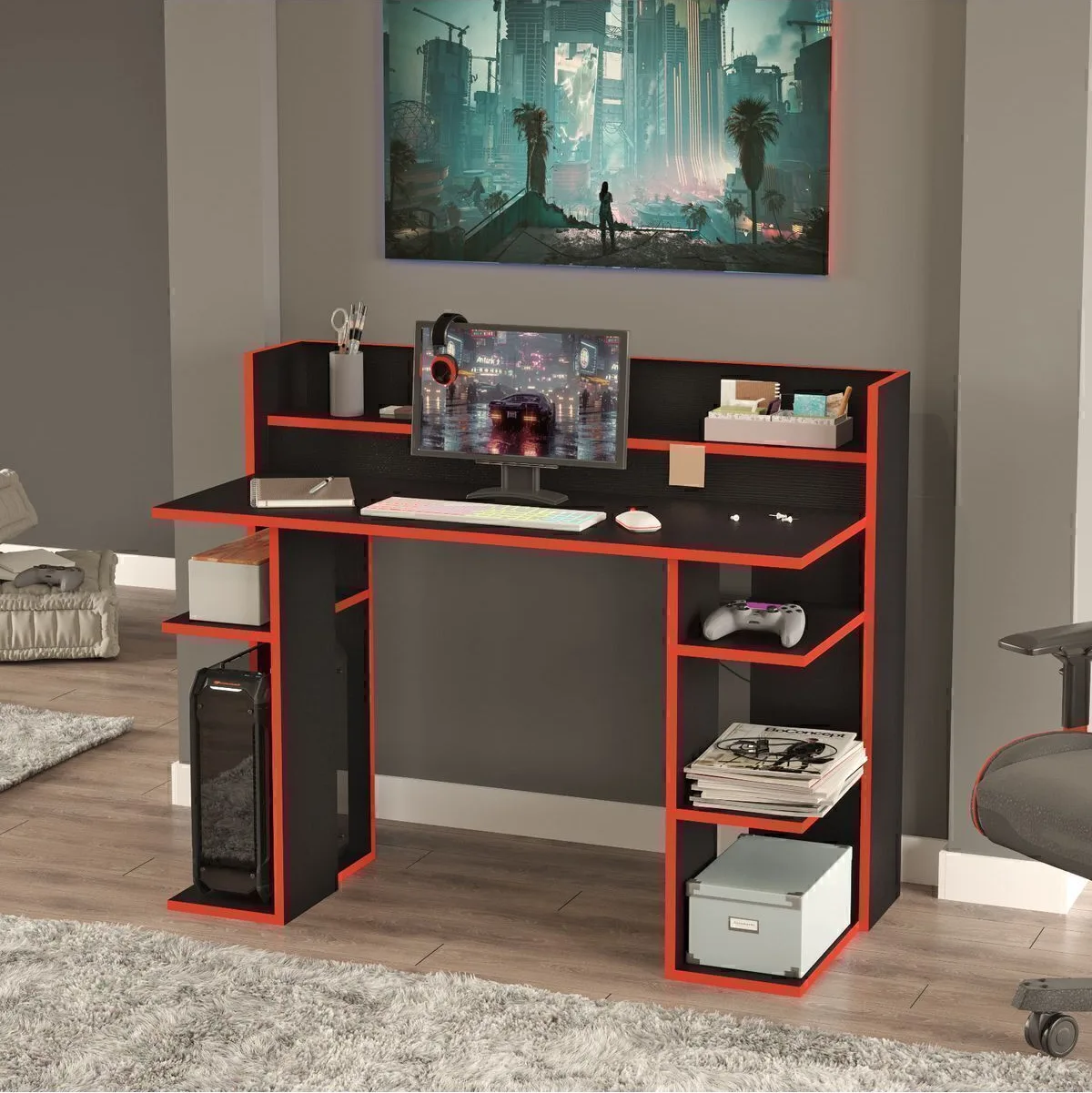 Pantego 124cm Bureau de gamer Noir-Rouge PAN1-BK