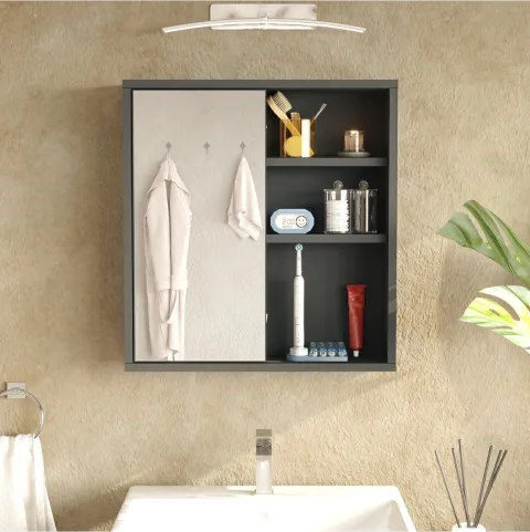 Marble Meuble de salle de bain avec miroir au-dessus du lavabo, étagères et portes 60cm Anthracite MAR1-AN