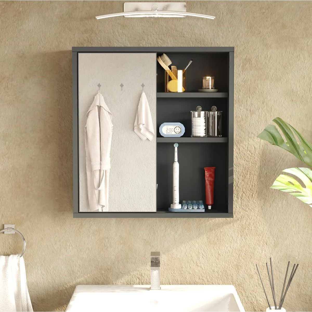 Marble Meuble de salle de bain avec miroir au-dessus du lavabo, étagères et portes 60cm Anthracite MAR1-AN