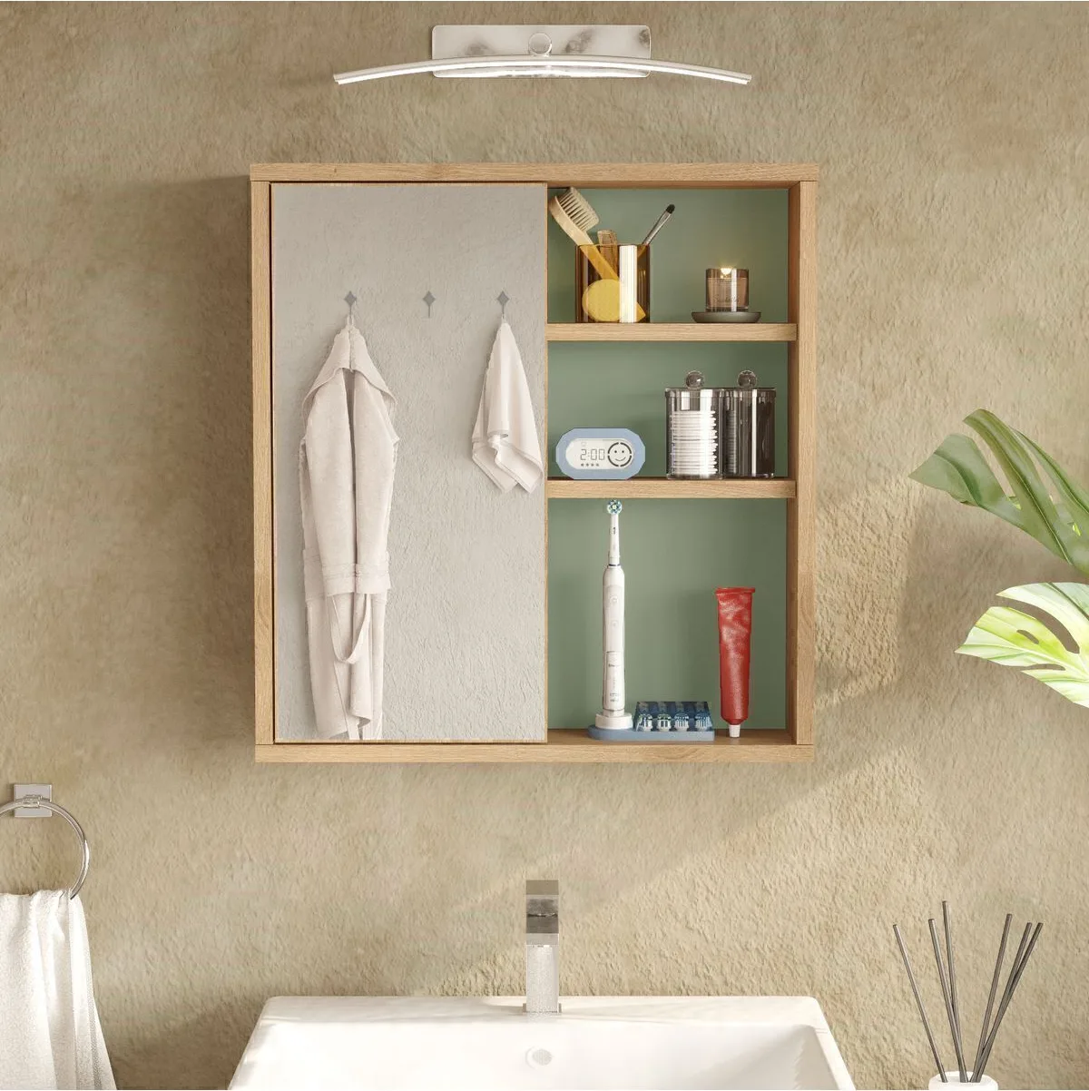 Marble Meuble de salle de bain avec miroir au-dessus du lavabo, étagères et portes 60cm Sepet-Vert Tilleul MAR1-SY