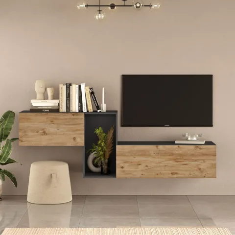 Lunessa Meuble TV 227cm avec portes Pin-Anthracite LUNL2-AA