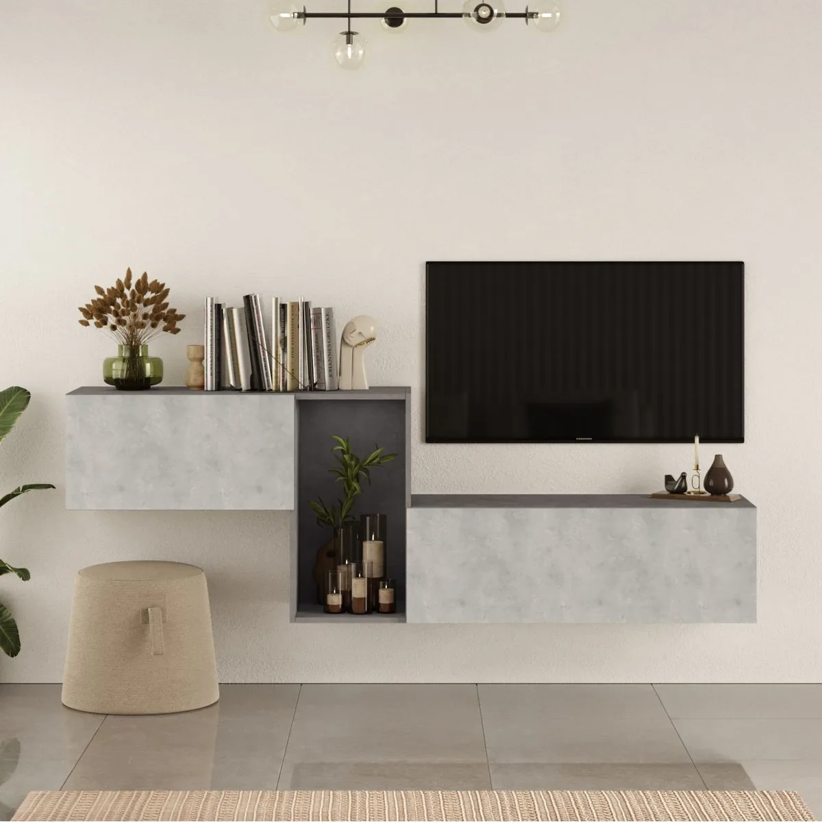 Lunessa Meuble TV 227cm avec portes Béton-Pierre LUNL2-GT