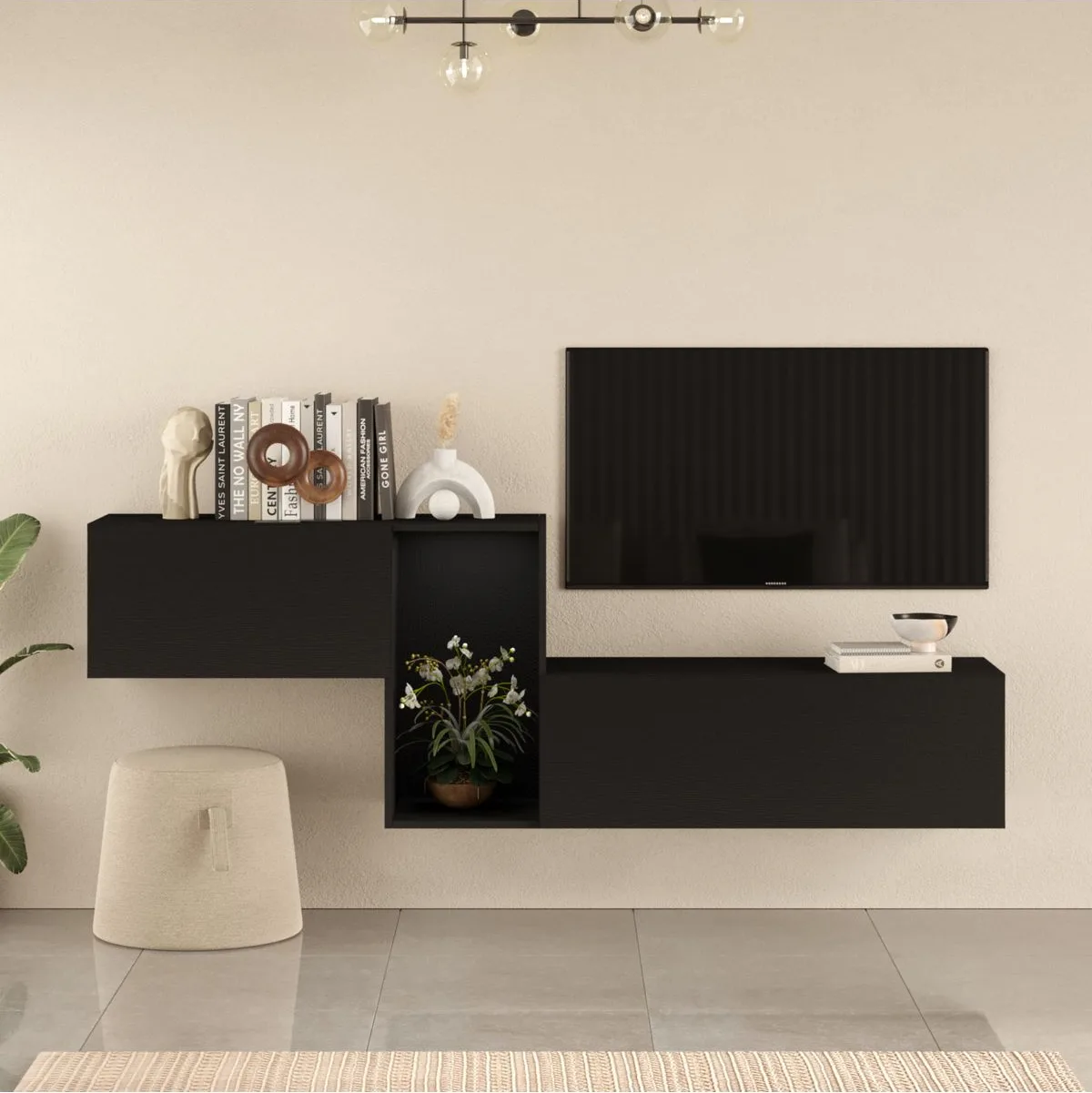 Lunessa Meuble TV 227cm avec portes Noir LUNL2-LB