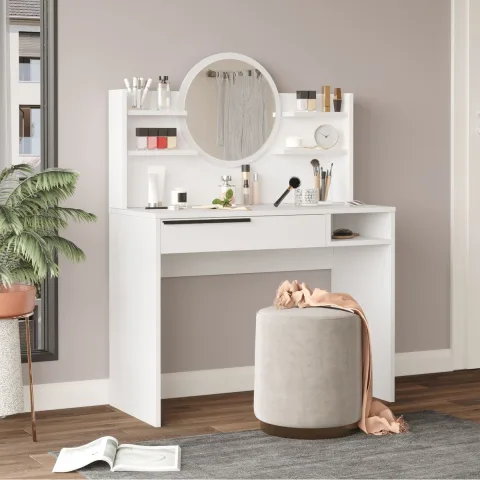 Bohem Coiffeuse 100cm avec miroir, étagères et tiroirs Blanc BOH28-W