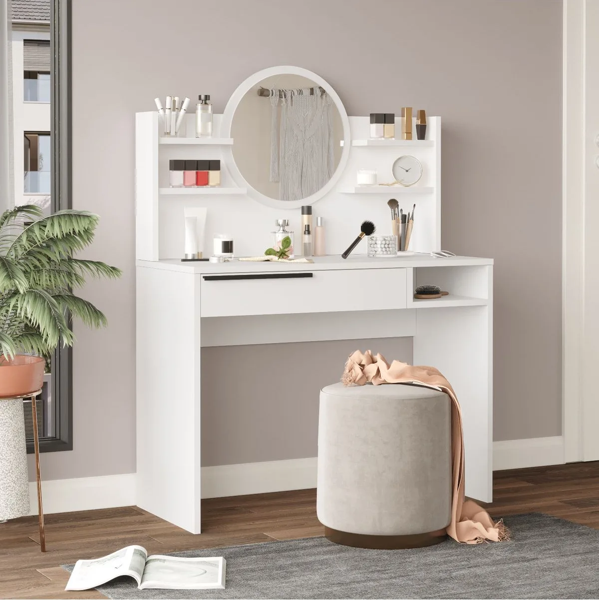Bohem Coiffeuse 100cm avec miroir, étagères et tiroirs Blanc BOH28-W