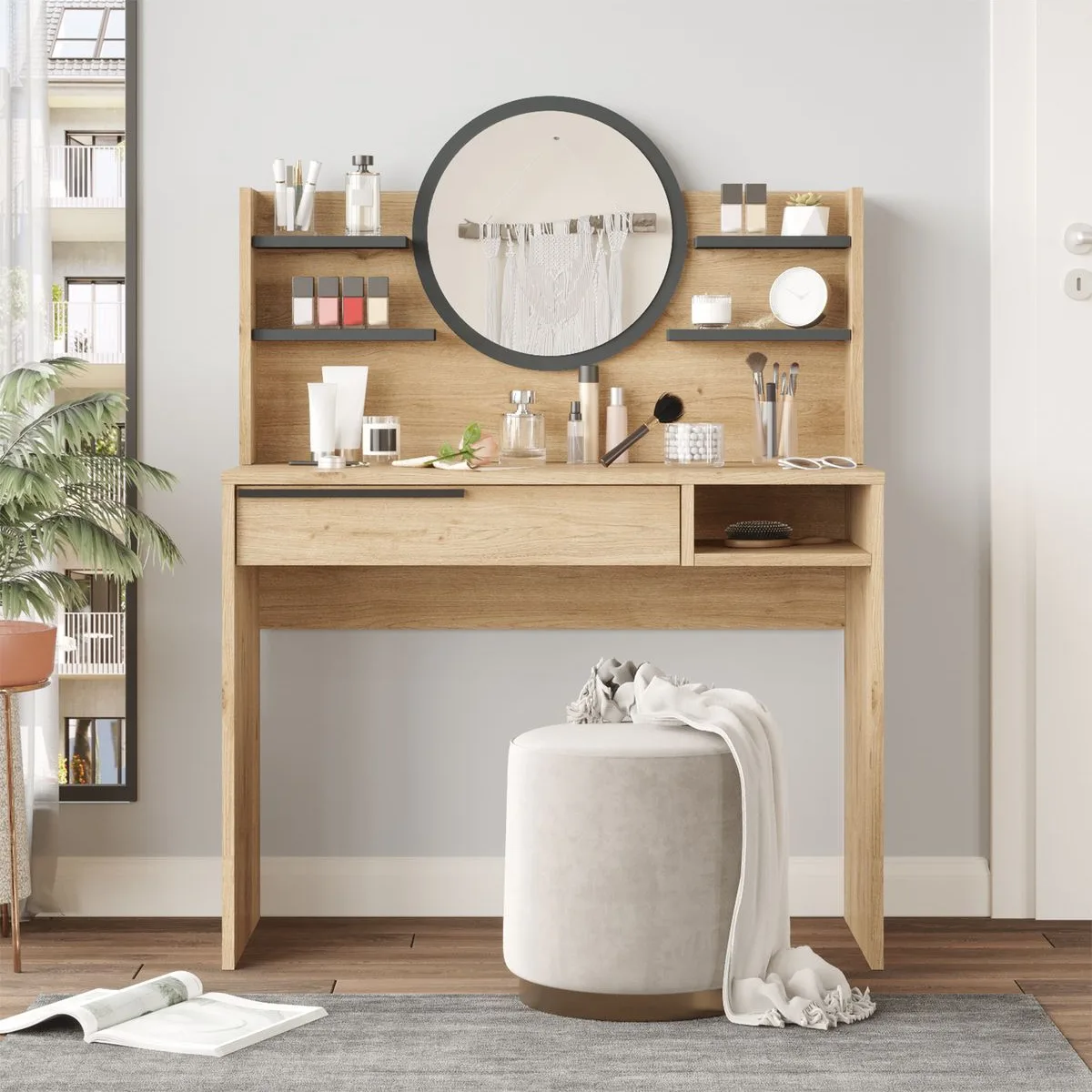 Bohem Coiffeuse 100cm avec miroir, étagères et tiroirs Sepet-Anthracite BOH28-SA