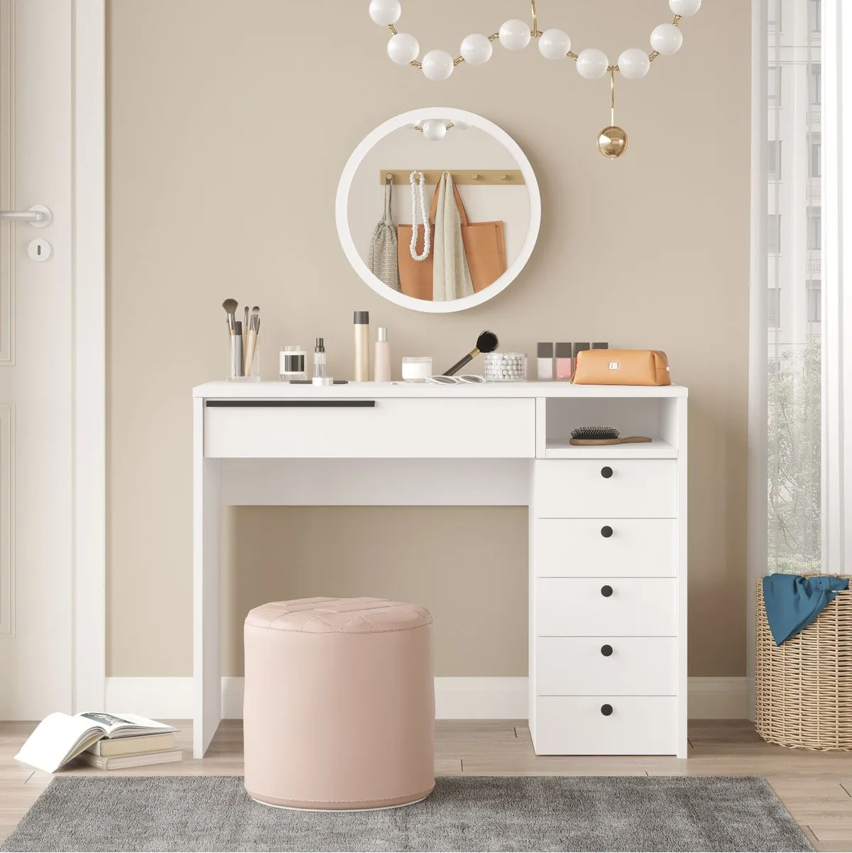 Bohem Coiffeuse 100cm avec miroir et tiroirs Commode Blanc BOH29-W