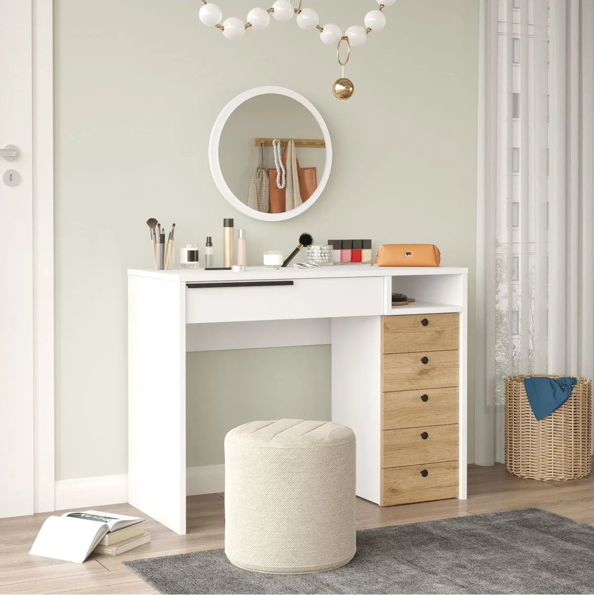 Bohem Coiffeuse 100cm avec miroir et tiroirs Commode Sepet-Blanc BOH29-SW