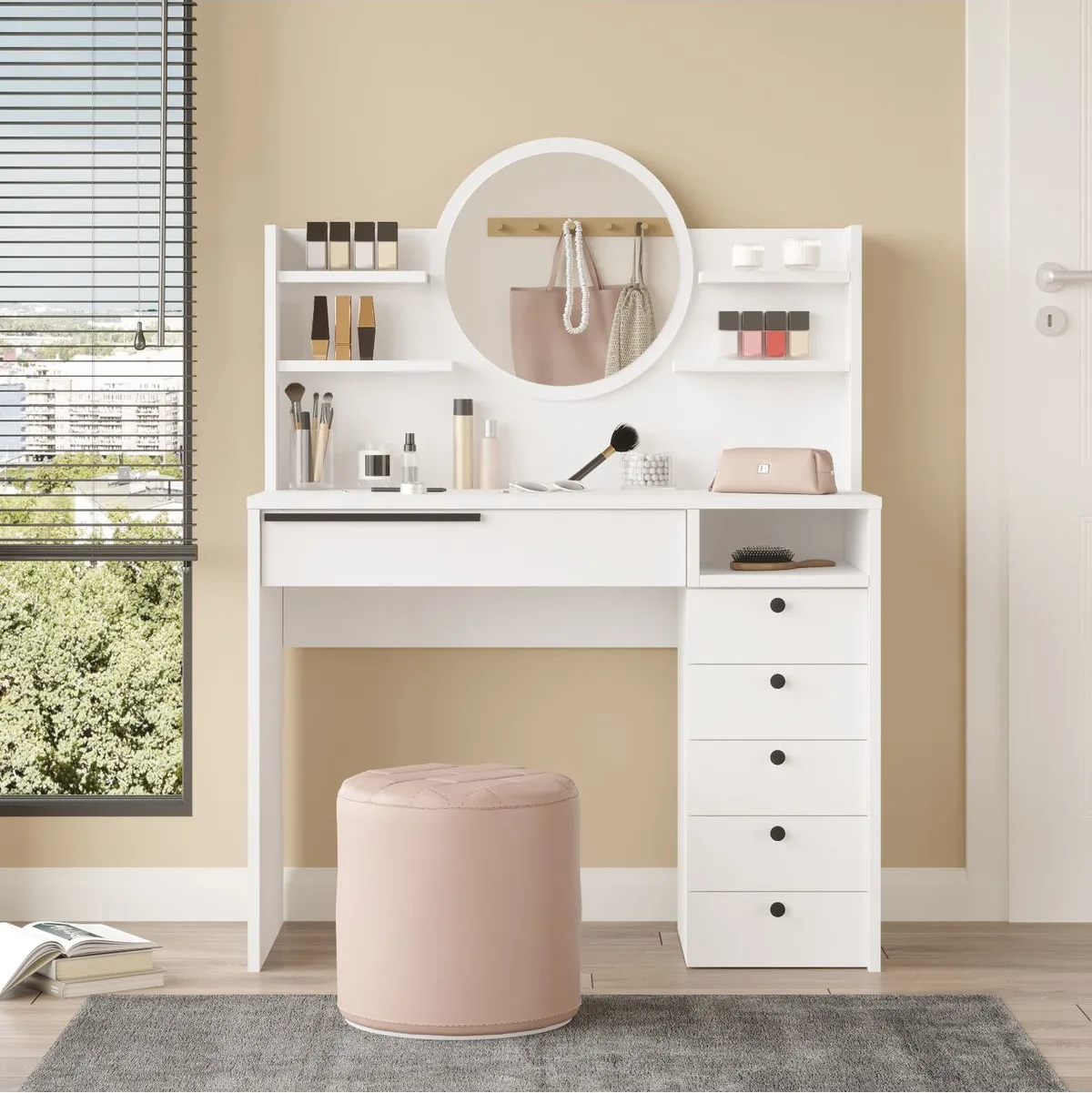 Bohem Coiffeuse 100cm avec miroir, tiroirs et étagère Blanc BOH30-W