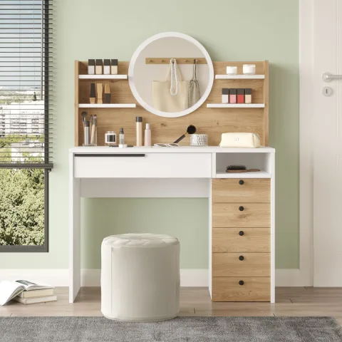 Bohem Coiffeuse 100cm avec miroir, tiroirs et étagère Sepet-Blanc BOH30-SW
