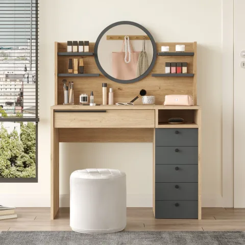 Bohem Coiffeuse 100cm avec miroir, tiroirs et étagère Sepet-Anthracite BOH30-SA