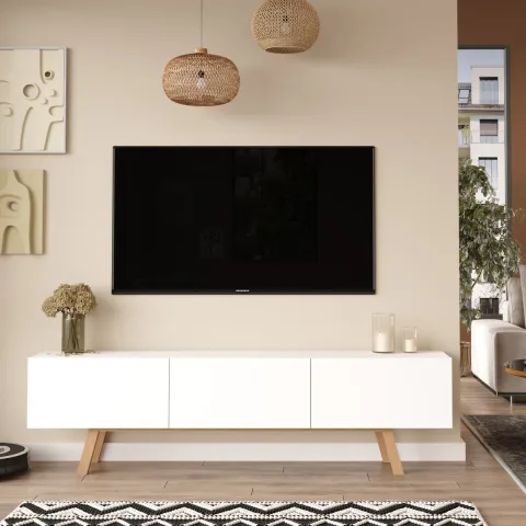Jabari Meuble TV 180cm 3 portes avec pieds en bois Blanc JAB1-W