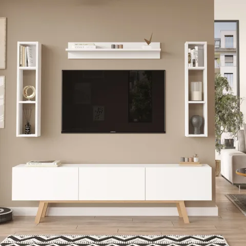 Jabari Meuble TV avec étagères 3 portes 180cm avec pieds en bois Blanc JAB3-W