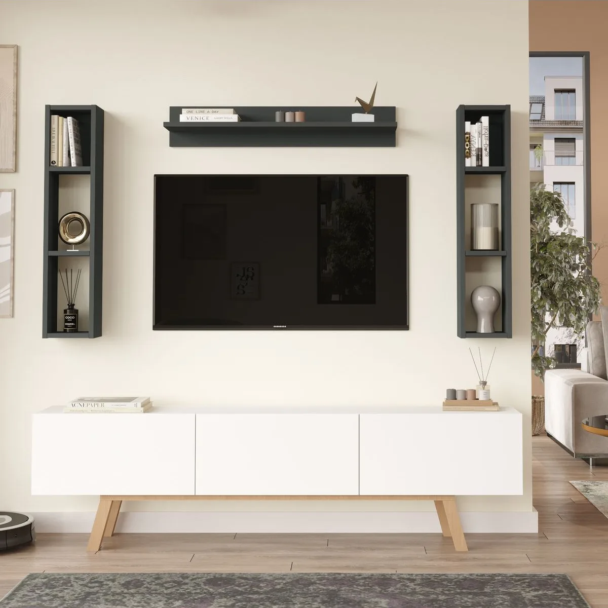 Jabari Meuble TV avec étagères 3 portes 180cm avec pieds en bois Blanc-Anthracite JAB3-WAN