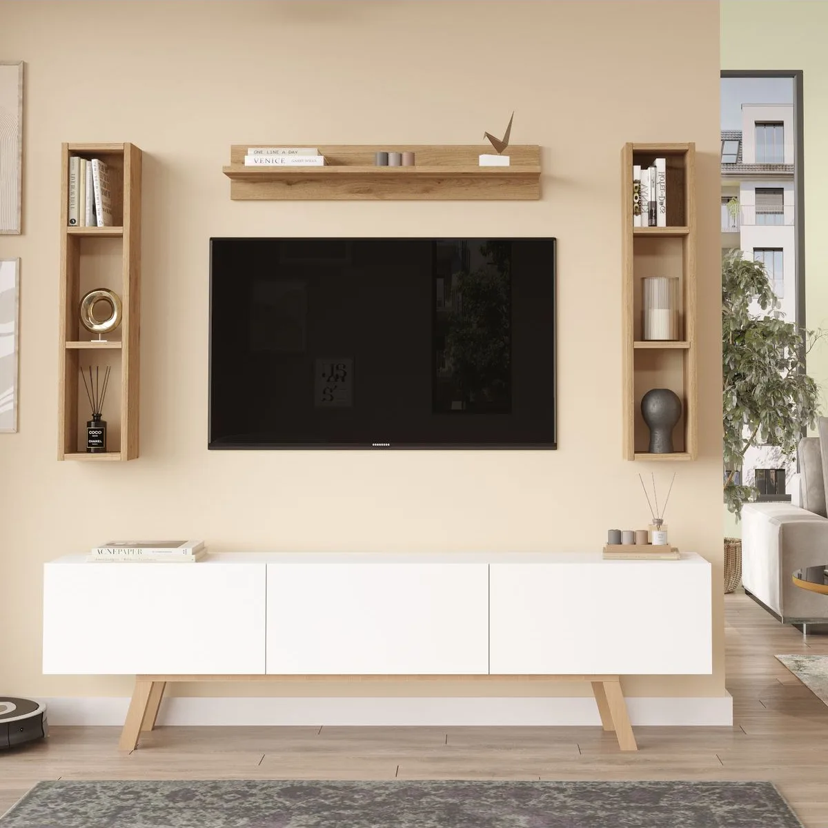Jabari Meuble TV avec étagères 3 portes 180cm avec pieds en bois Blanc-Sepet JAB3-WS