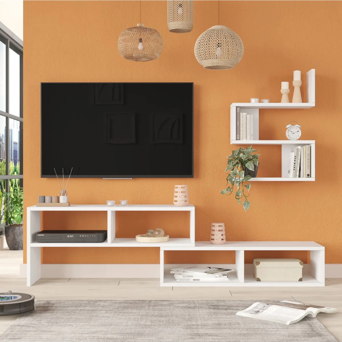 Dore Meuble TV avec étagères Blanc DOR1-W
