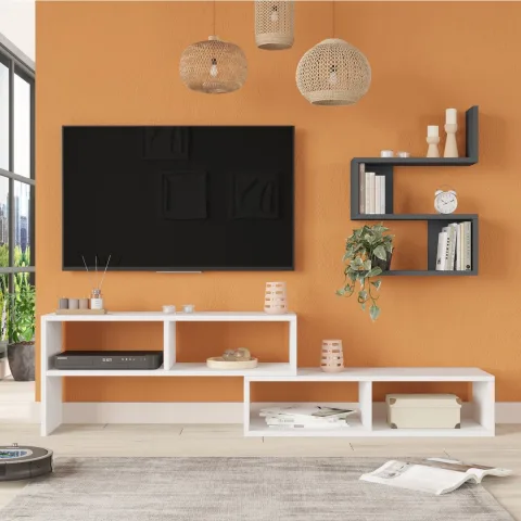 Dore Meuble TV avec étagères Blanc-Anthracite DOR1-WAN