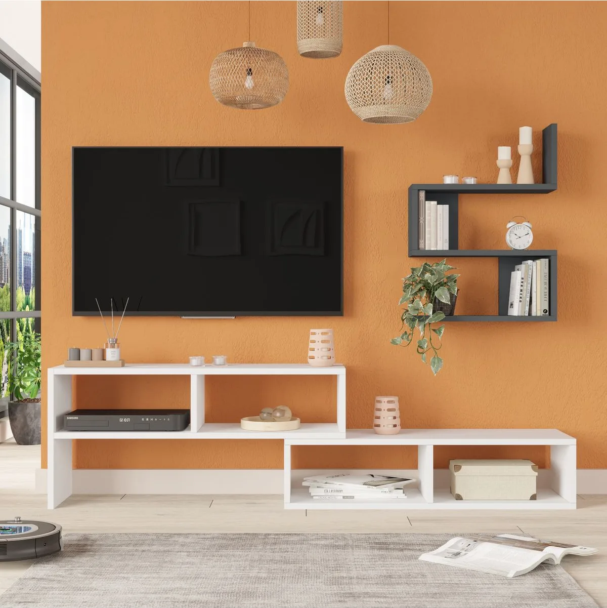 Dore Meuble TV avec étagères Blanc-Anthracite DOR1-WAN