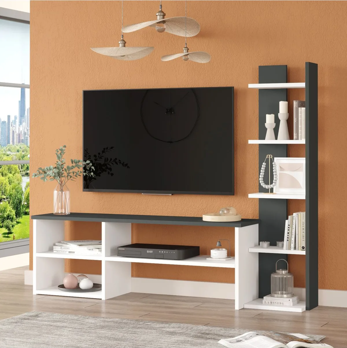 Dore Meuble TV avec bibliothèque Blanc-Anthracite DOR2-WAN
