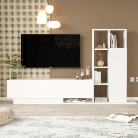 Forte Meuble TV avec portes, bibliothèque et étagère Blanc FOR1-W