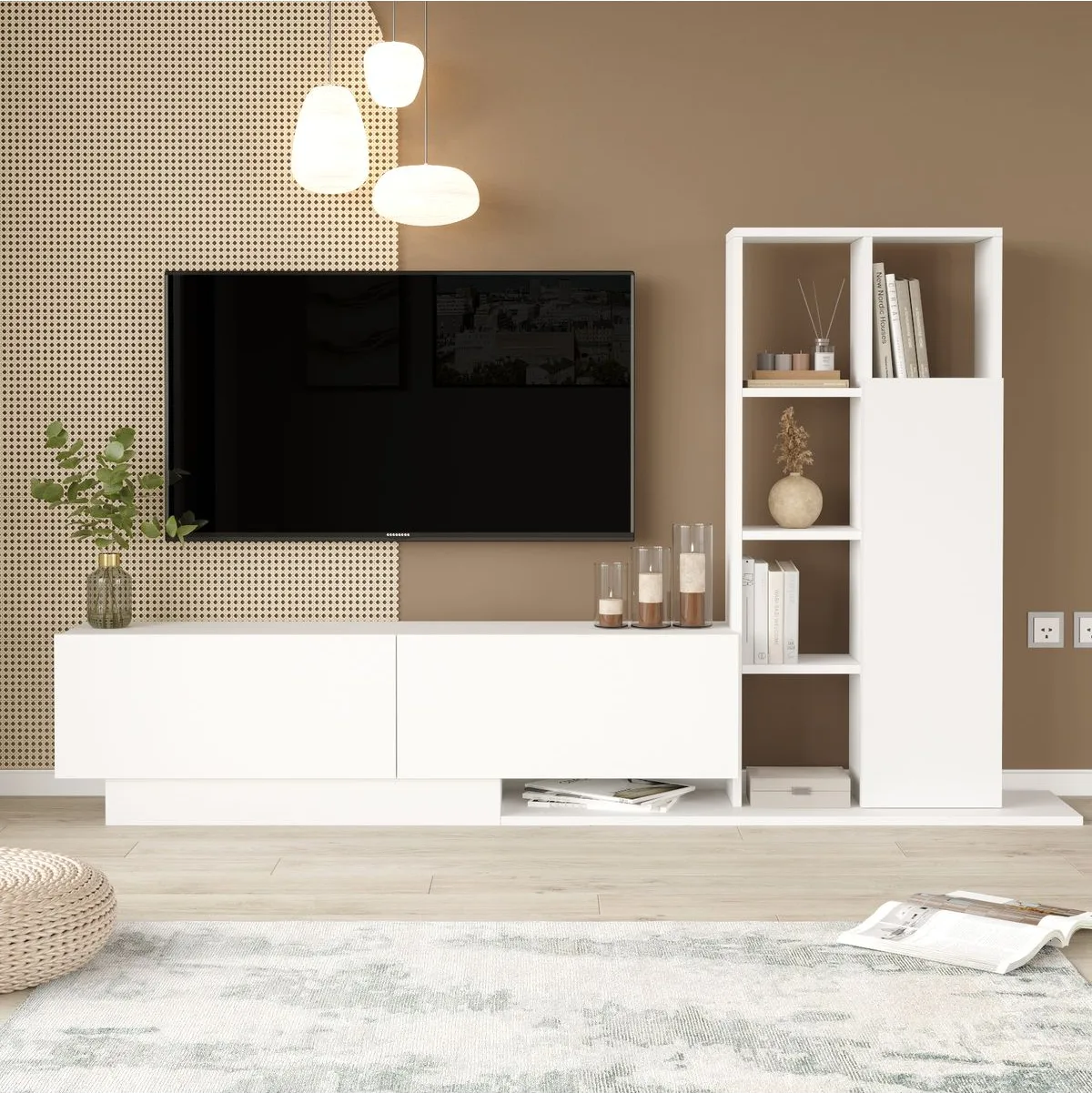 Forte Meuble TV avec portes, bibliothèque et étagère Blanc FOR1-W