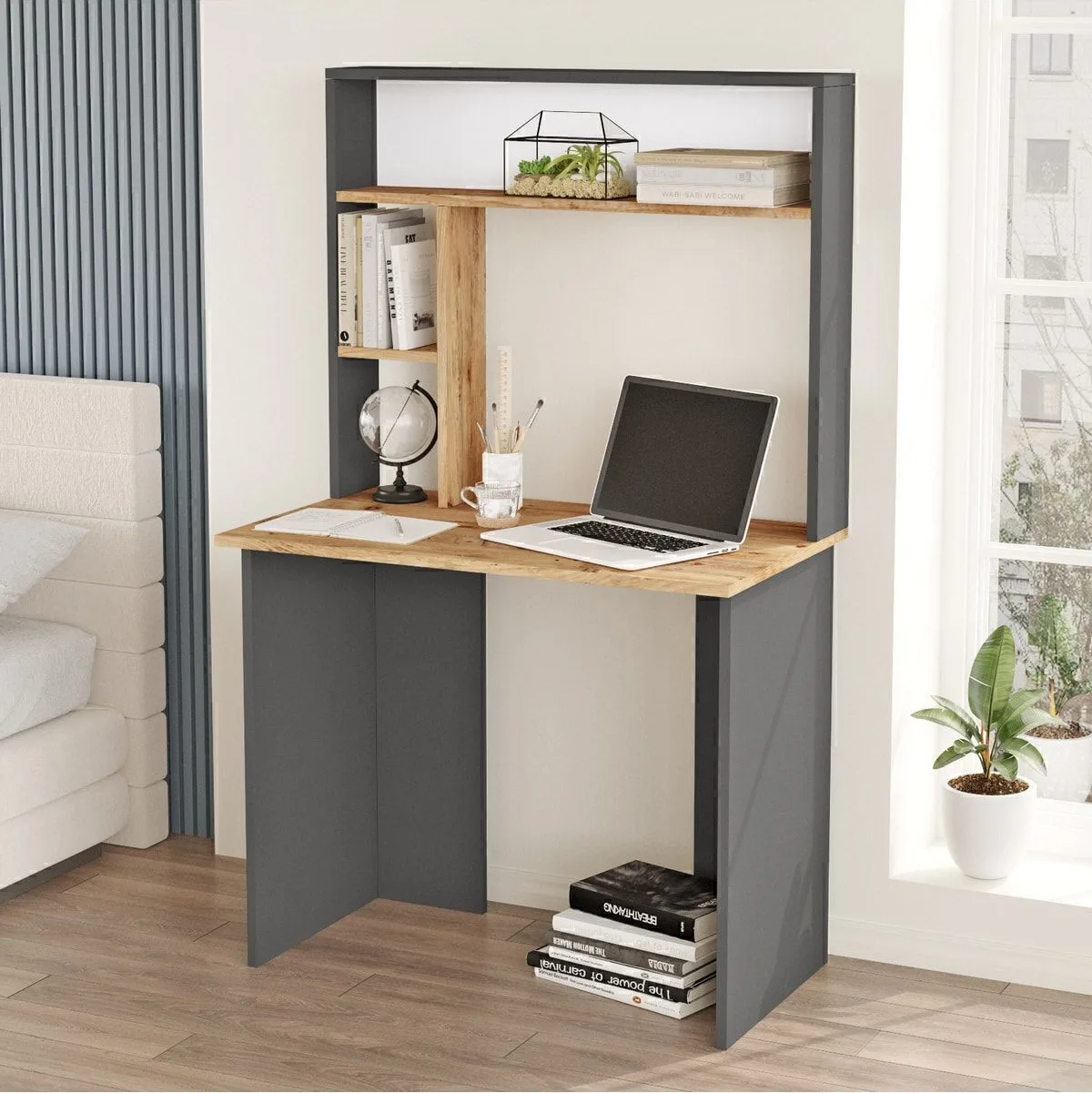 Hagen Bureau bibliothèque avec étagère Pin-Anthracite HAG2-AA