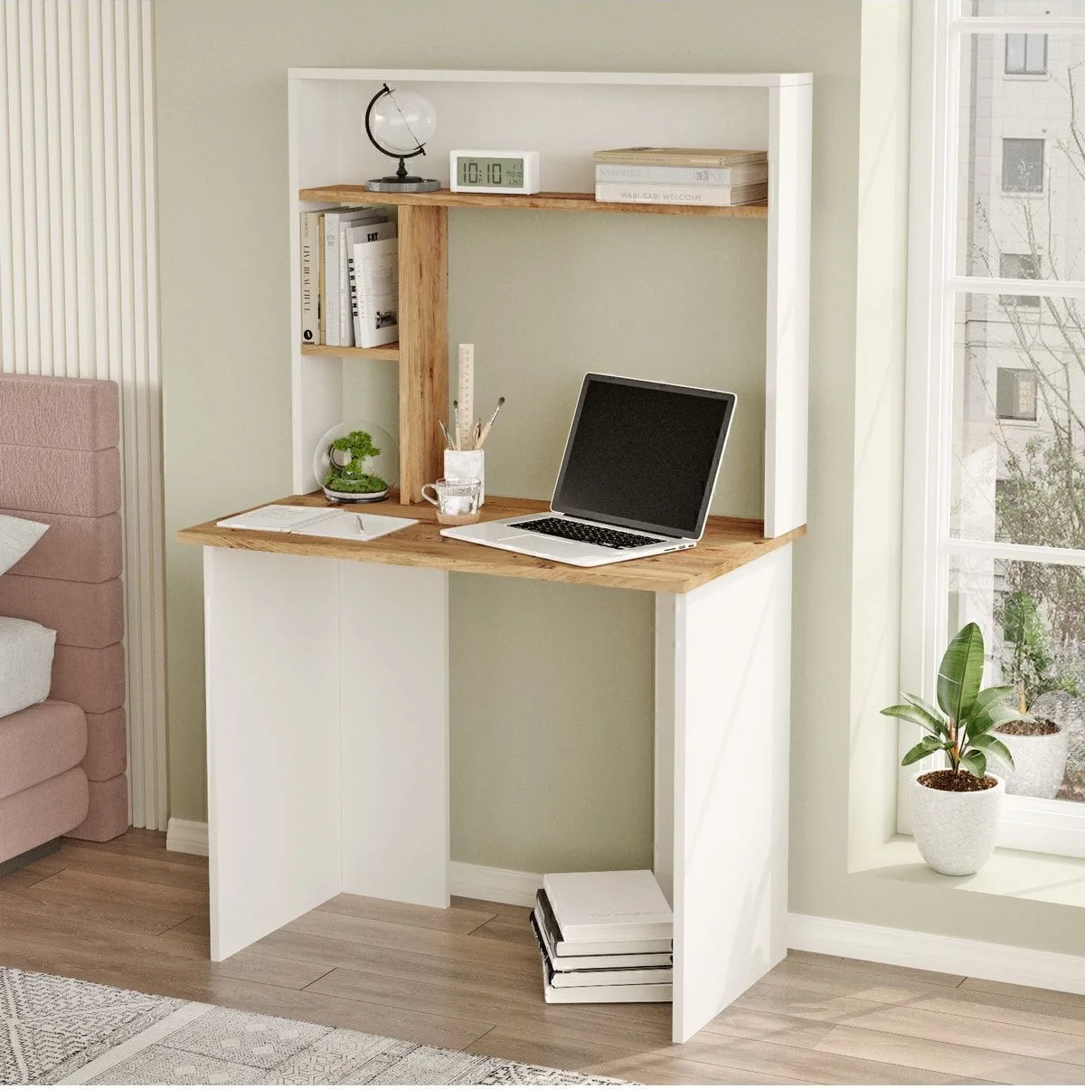 Hagen Bureau bibliothèque avec étagère Pin-Blanc HAG2-AW