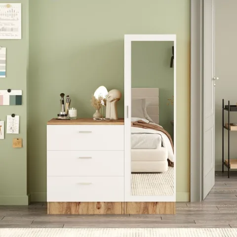 Oswin Commode avec miroir et armoire Pin-Blanc OSW6-AW