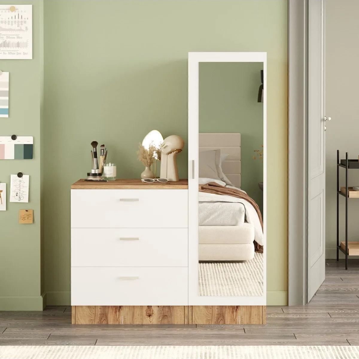 Oswin Commode avec miroir et armoire Pin-Blanc OSW6-AW
