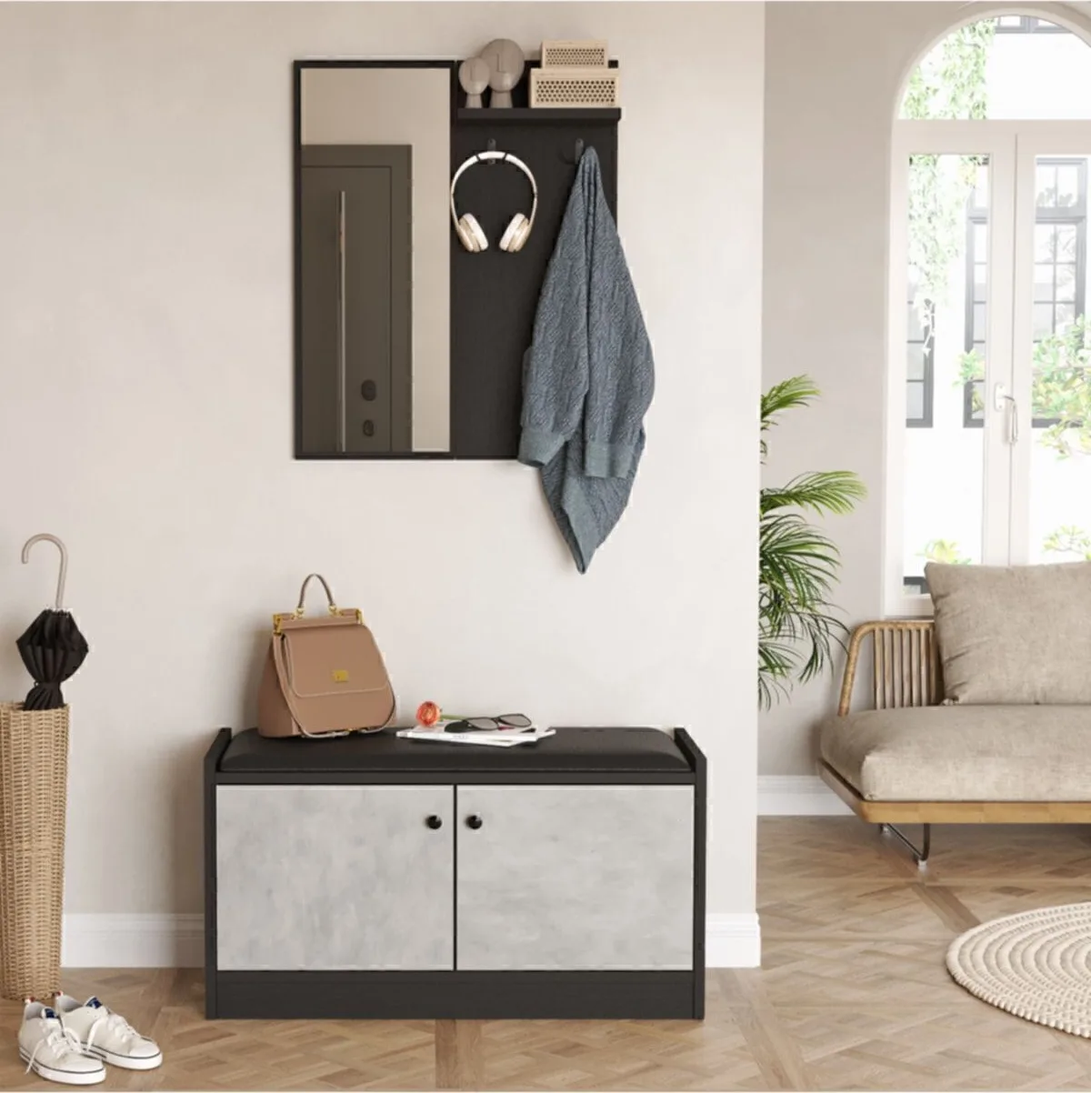 Miltown Meuble à chaussures avec miroir et coussin Vestiaire portemanteau Pierre-noir MIL1-TL