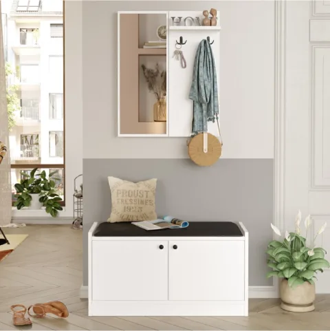 Miltown Meuble à chaussures avec miroir et coussin Vestiaire portemanteau Blanc MIL1-W