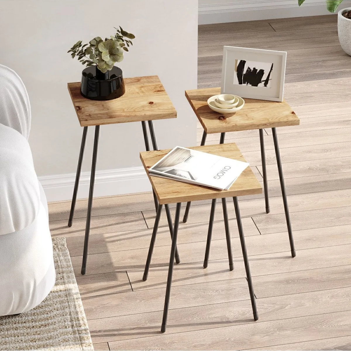 Lovett Lot de 3 tables basses gigognes avec pieds en métal Pin Atlantique LOV1-A