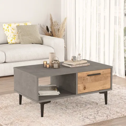 Leeds Table basse avec portes Pin-béton LEE3-AG