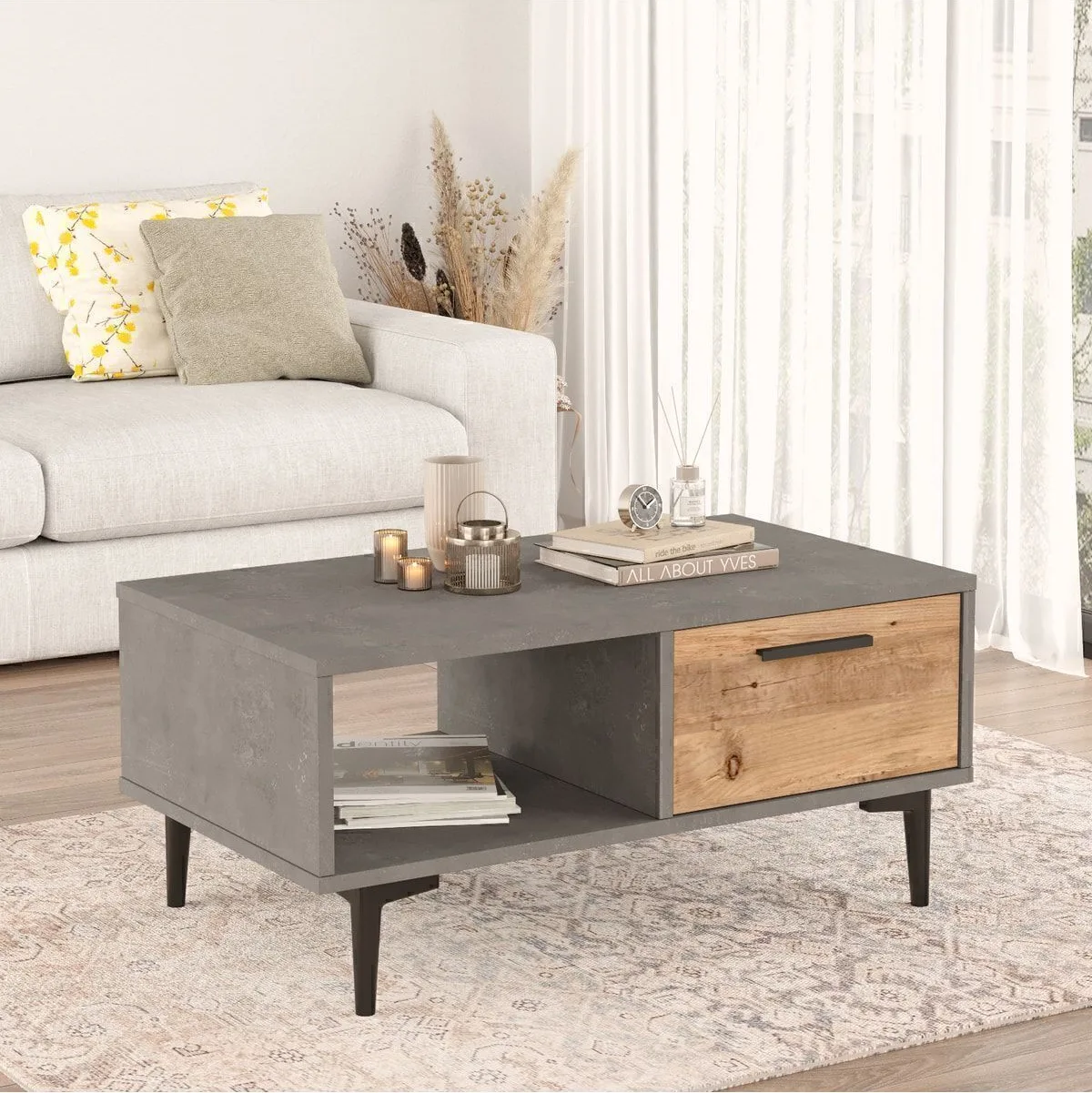 Leeds Table basse avec portes Pin-béton LEE3-AG