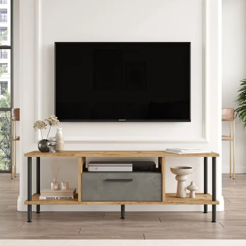 Versa Meuble TV métal avec portes 120cm Pin Atlantique-béton VER1-AG