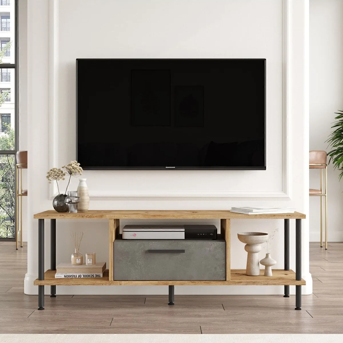 Versa Meuble TV métal avec portes 120cm Pin Atlantique-béton VER1-AG