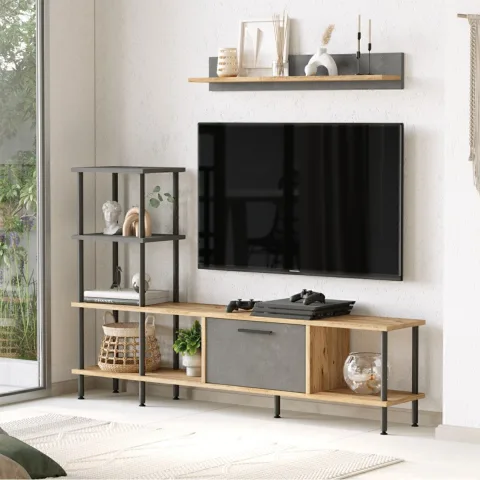 Versa Meuble TV métal avec portes Bibliothèque étagère 160cm Pin Atlantique-béton VER2-AG