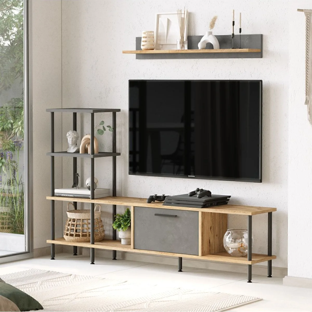 Versa Meuble TV métal avec portes Bibliothèque étagère 160cm Pin Atlantique-béton VER2-AG