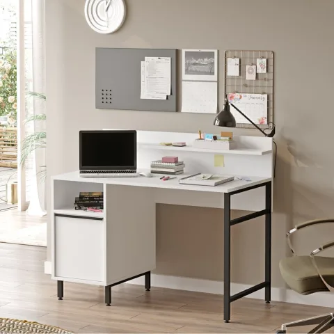 Bohem Bureau 60x120cm avec étagères et armoire Pieds métal Blanc BOH16-W
