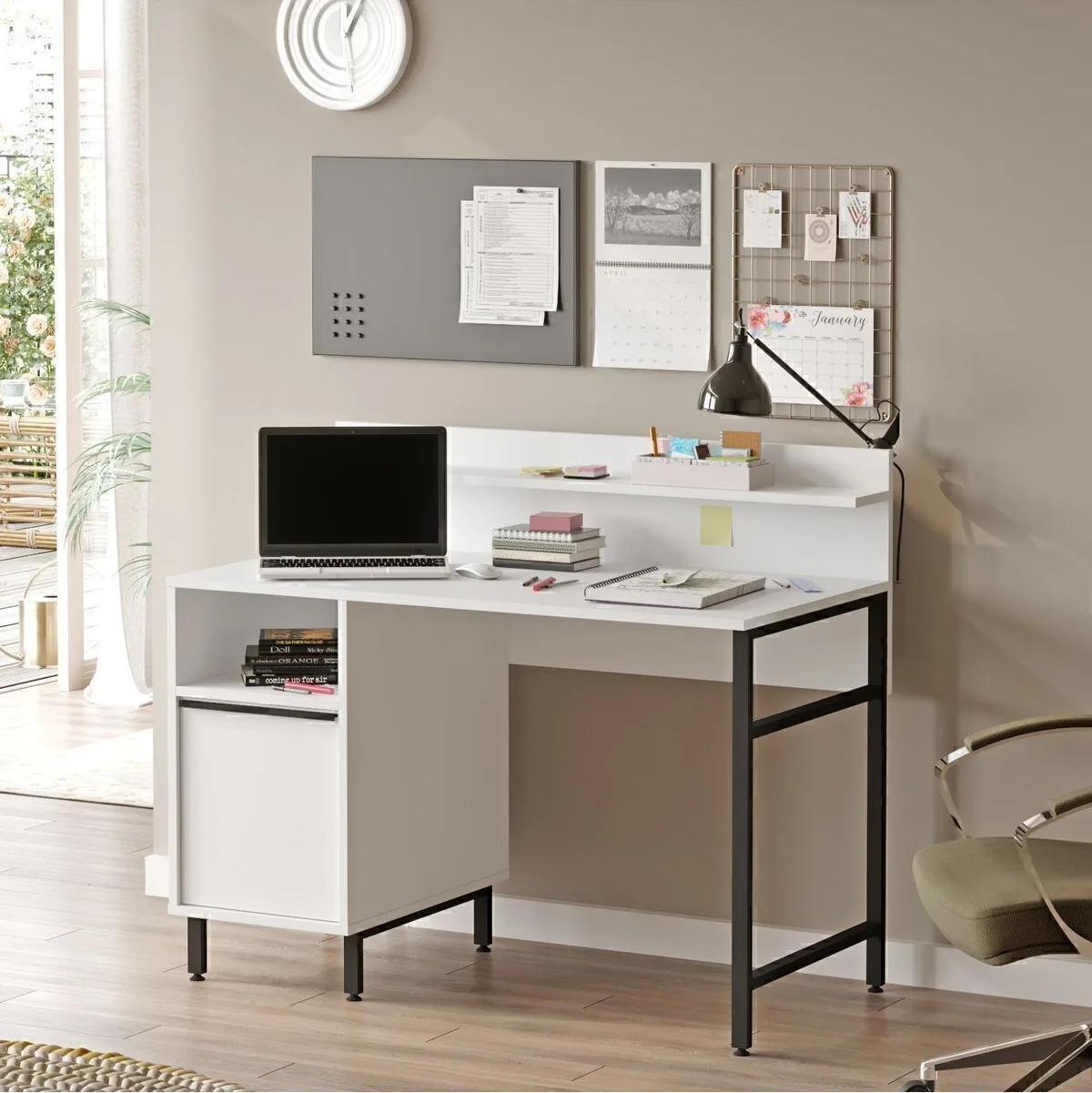 Bohem Bureau 60x120cm avec étagères et armoire Pieds métal Blanc BOH16-W