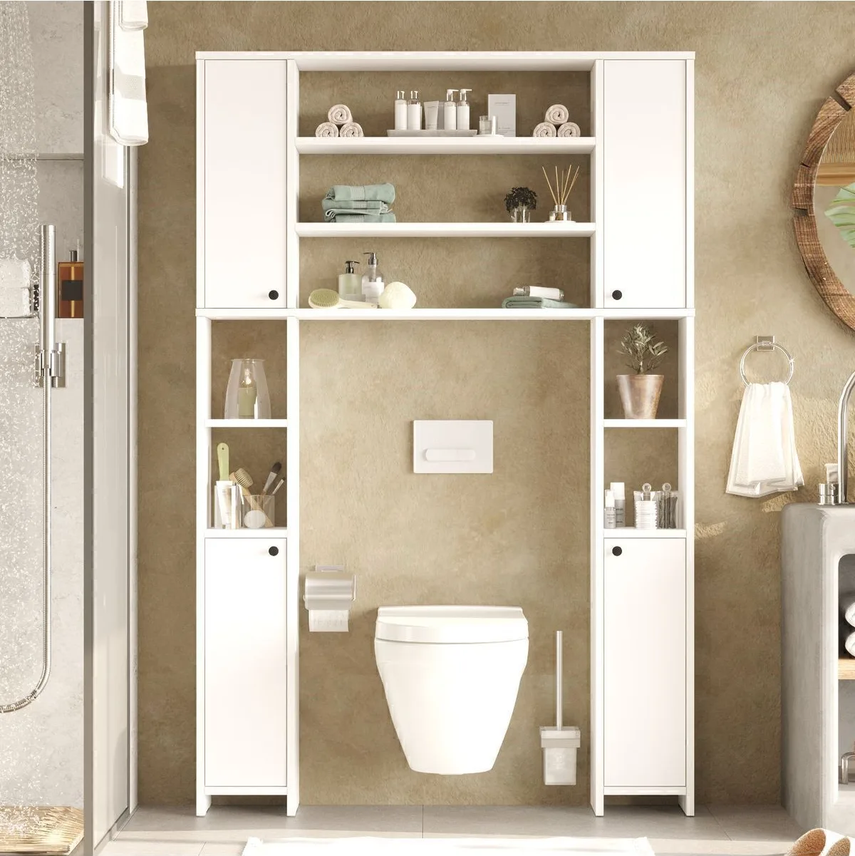 Bahez Armoire polyvalente WC Salle de bain avec portes et étagères Blanc BAH1-W