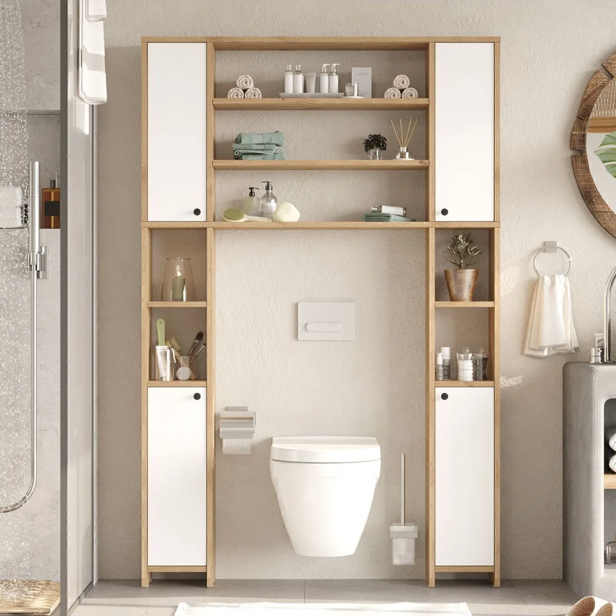 Bahez Armoire polyvalente WC Salle de bain avec portes et étagères Sepet-Blanc BAH1-SW