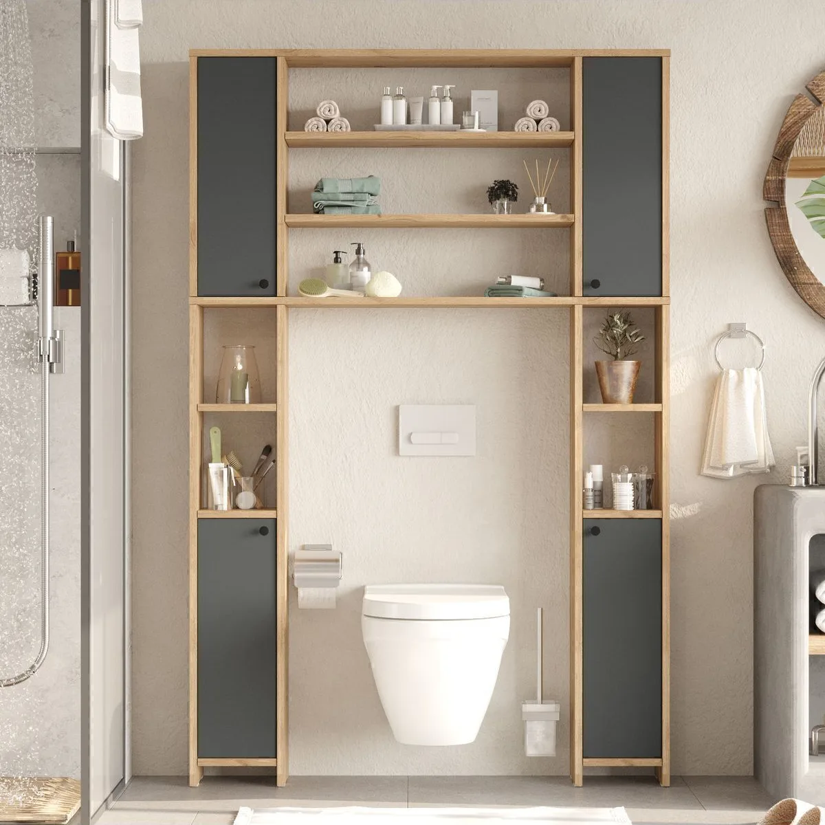 Bahez Armoire polyvalente WC Salle de bain avec portes et étagères Sepet-Anthracite BAH1-SA