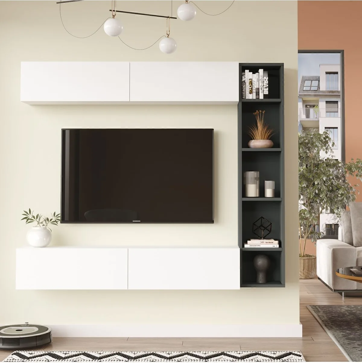 Nasser Meuble TV Bibliothèque Mural Blanc-Anthracite NAS1-WAN